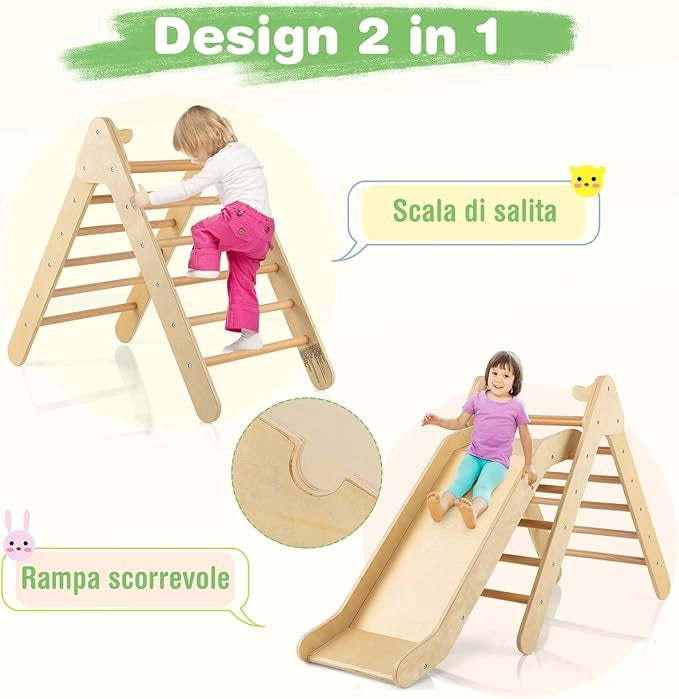 2 in 1 Set da Arrampicata con Scivolo per Bambini, Triangolo di Arrampicata in Legno Regolabile a Gradi, Giocattolo per Arrampicarsi all’Interno, 1 Anno+ (Naturale)