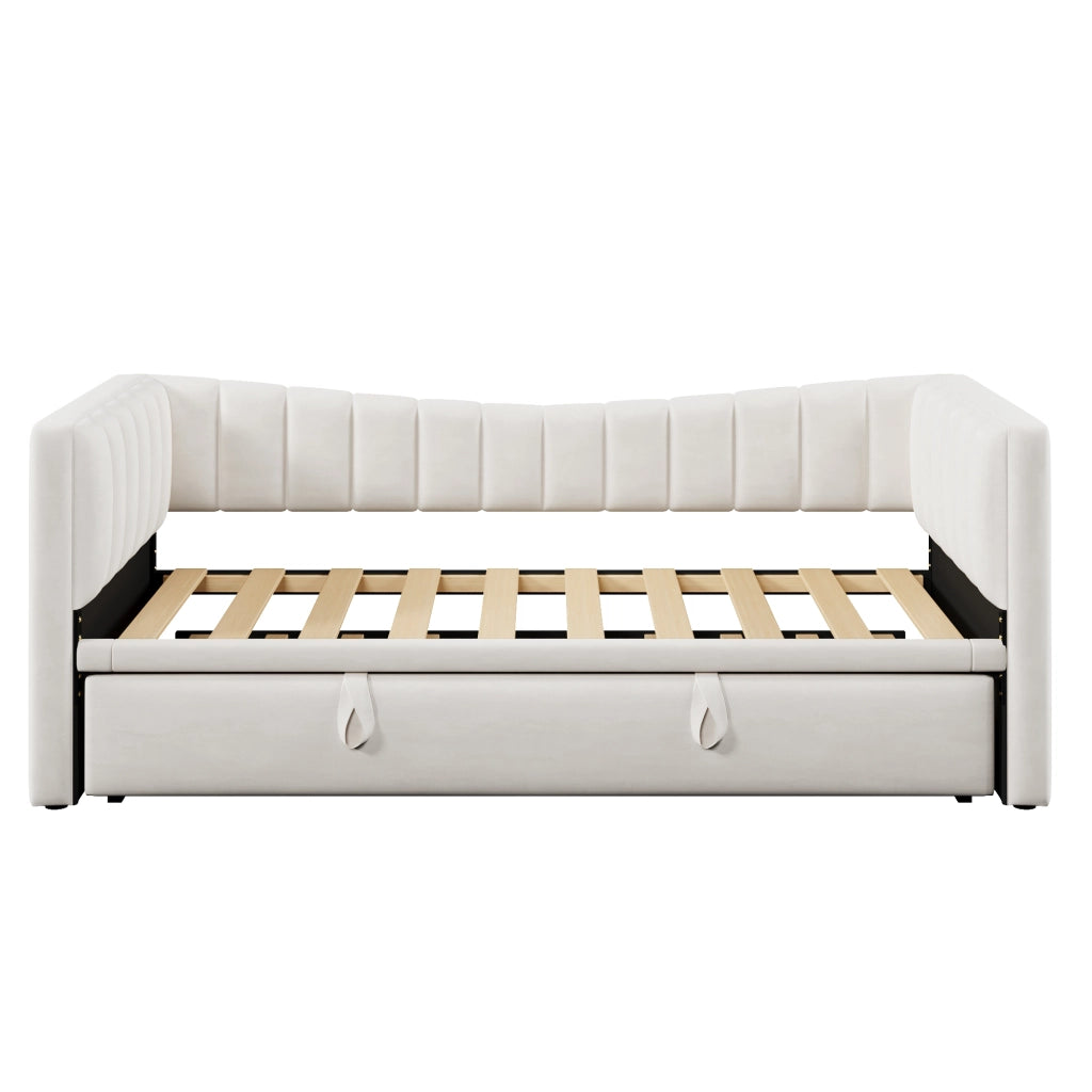 Letto singolo 90×200 cm con letto estraibile; senza materasso; velluto; bianco