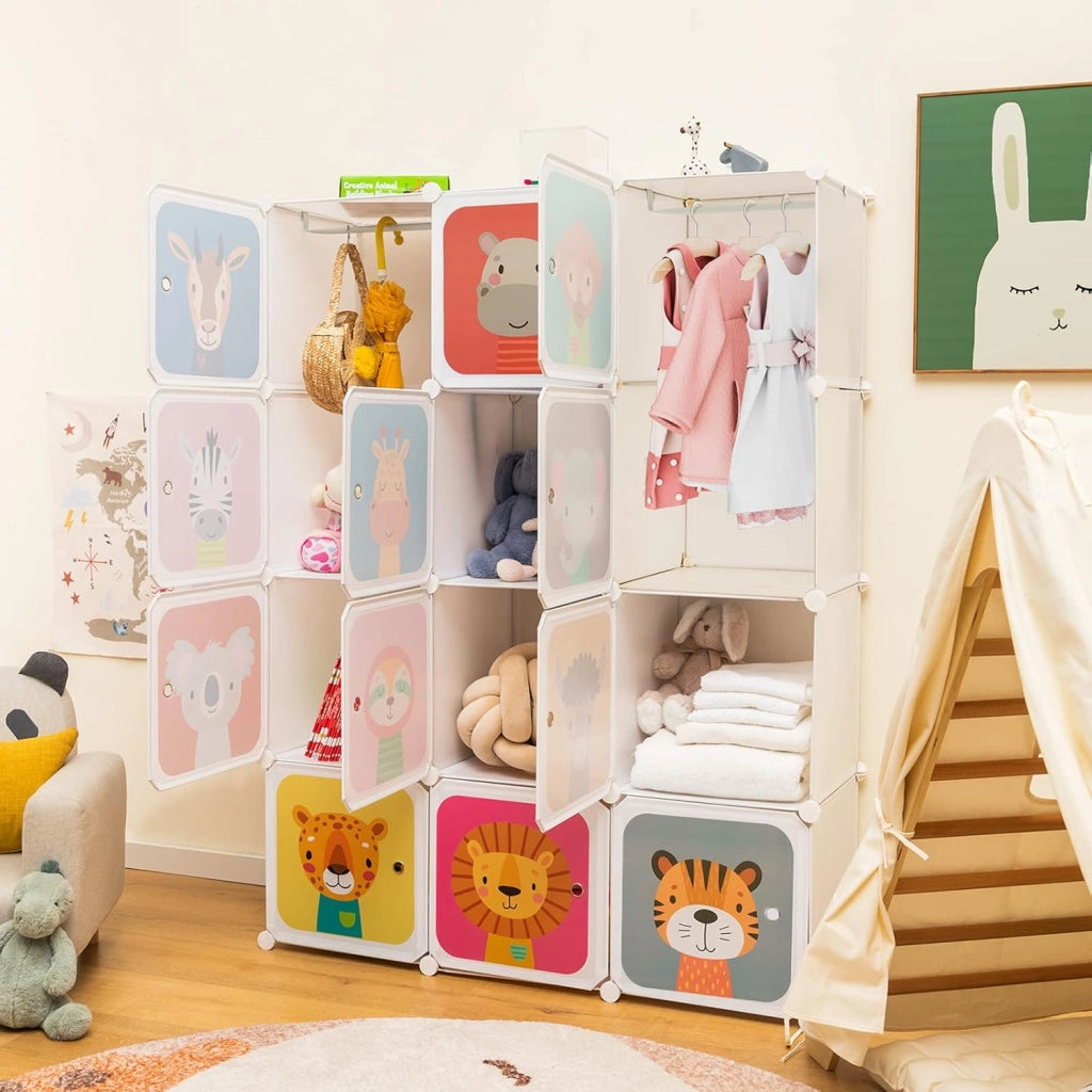 Guardaroba Portatile per Bambini, Armadio Portatile con 12 Cubi, Organizzatore Modulari per Camera dei Bambini Soggiorno, 109 x 35 x 145 cm (Bianco)