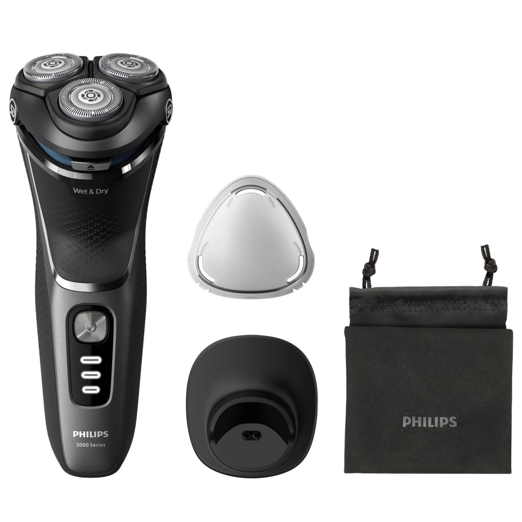 Philips S3343-13 Shaver Serie 3000 Rasoio elettrico rotativo Wet Dry 3 testine autonomia 60 min colore Nero Cromo