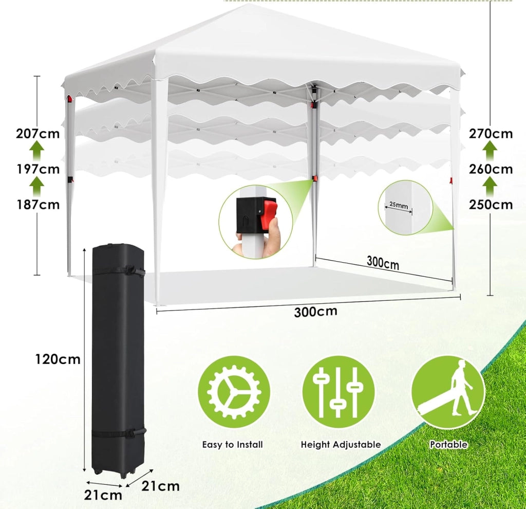 Gazebo 3x3 Pieghevole Impermeabile, Esterno Resistente Con 4 PCS Sacchi Di Sabbia, UV 50+, 4 Pareti Laterali - Per Giardino, Campeggio, Festival, Feste Bianco