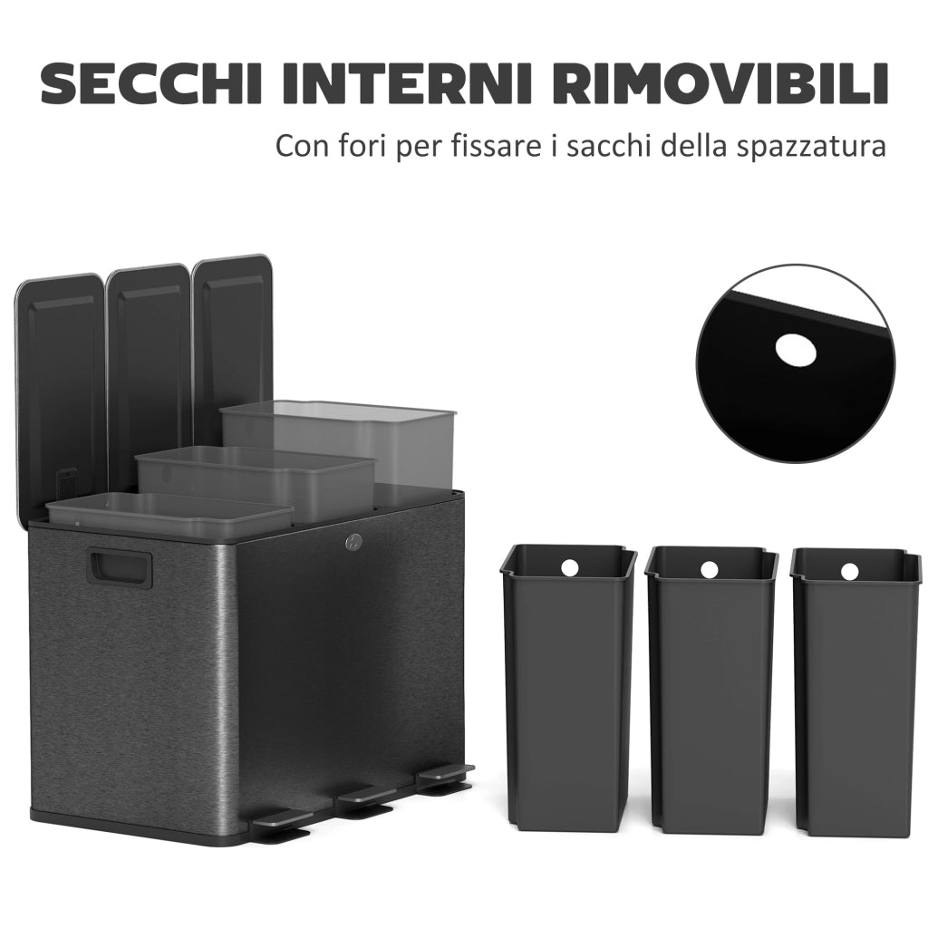 Pattumiera a 3 Sezioni da 20L 61,9x36,6x56,7 cm con Coperchio Silenzioso in Acciaio Inox e PP Nero