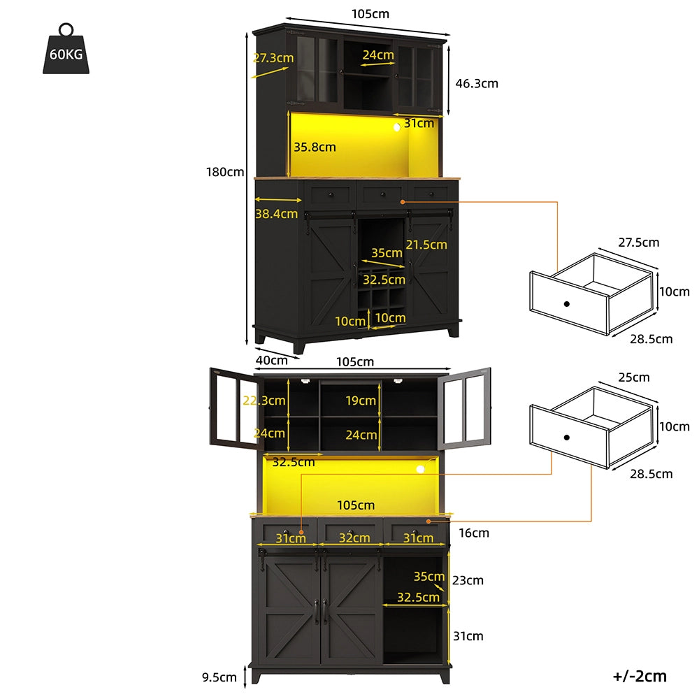 Armoire de cucina lussuosa - Xylo - 105??38,4??180 cm - Nero - Ante a vetro, illuminazione LED a colori variabili, ripiani regolabili