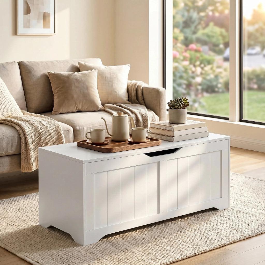 Panca Contenitore 100x40x45 cm Capacità 136L con Coperchio Sollevabile in Legno Bianca