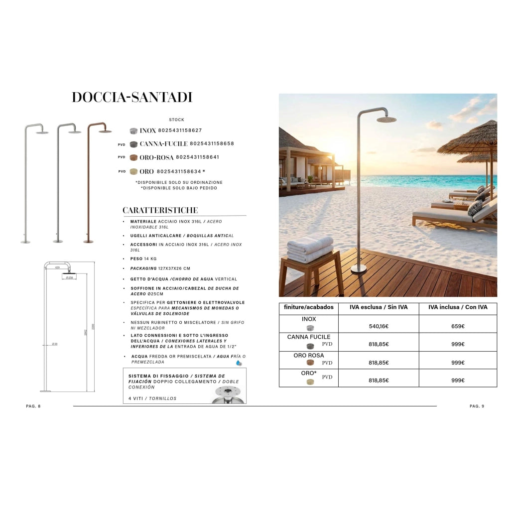 SINED Doccia da esterno ad acqua fredda in acciaio inox struttura resistente agli agenti atmosferici colore da specificare RIVISTA-DOCCE-ACQUA-FREDDA-IT-ES