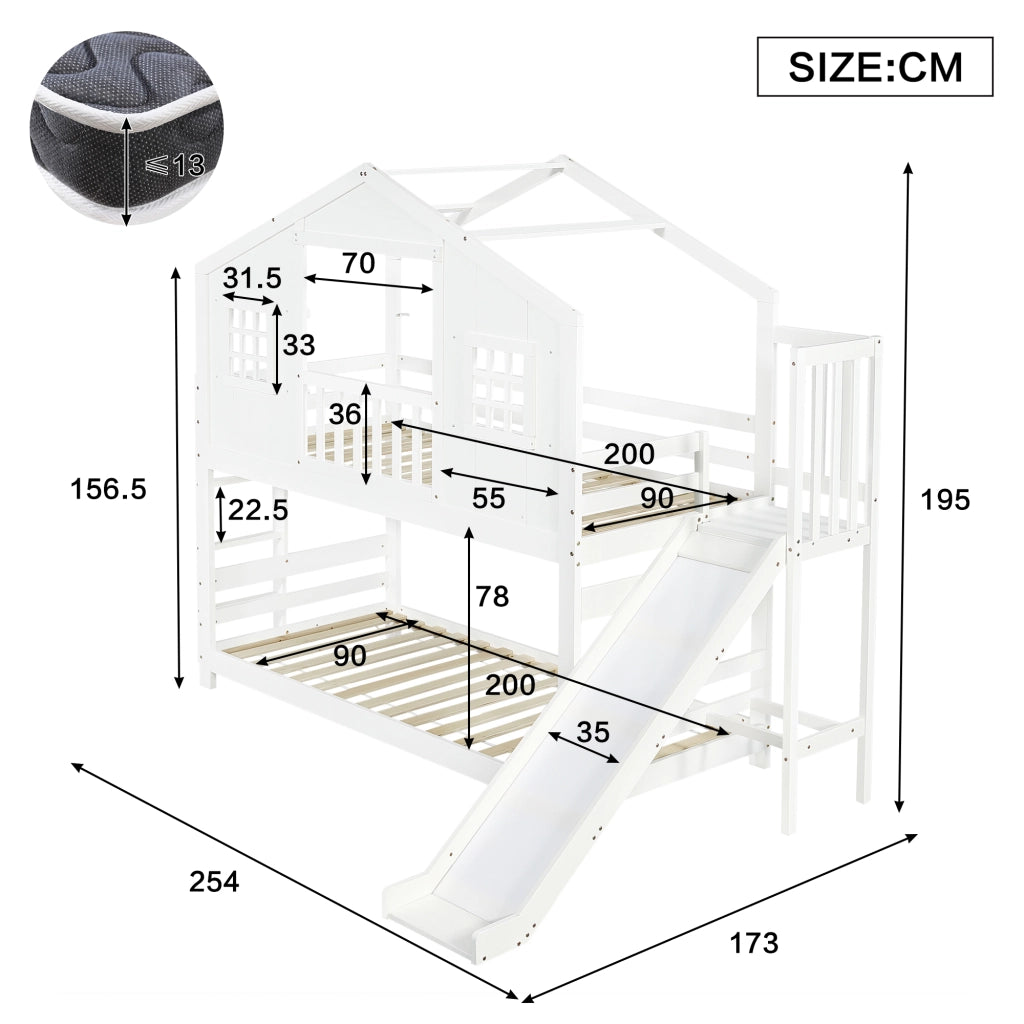 Letto a castello con scivolo per bambini - Zephmum- Design finestra e tetto, robusto, 90x200cm, bianco