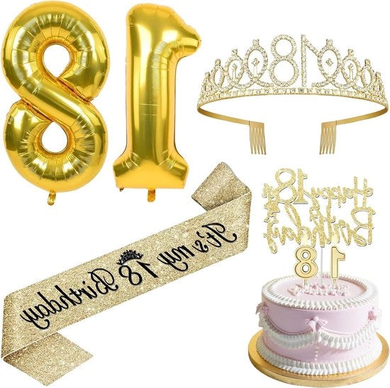 Decorazioni di compleanno per bambina - Corona e nastro - Decorazioni per torta e candele - Regalo - Decorazioni per festa di compleanno di bambina - 18° compleanno - Oro