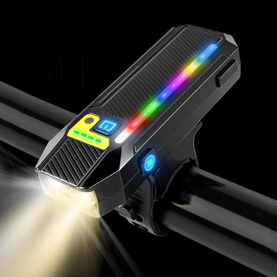 Lampada LED per bicicletta – luce RGB laterale e sensore di luce – batteria 2400mAh USB-C – impermeabile – 360° girevole