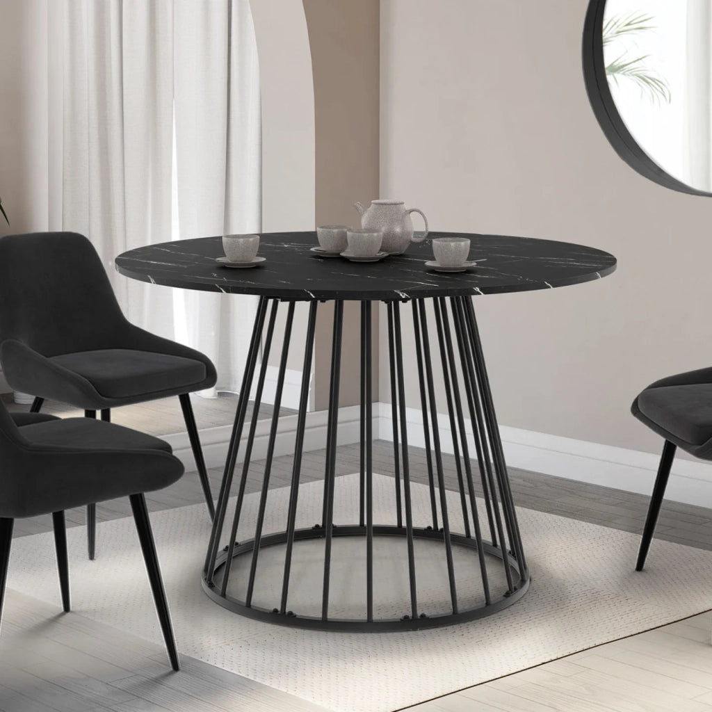 IDMarket - Tavolo da pranzo rotondo per 6 persone YUNA con piano in marmo nero effetto ALASKA e gamba in filo metallico nero 110 cm