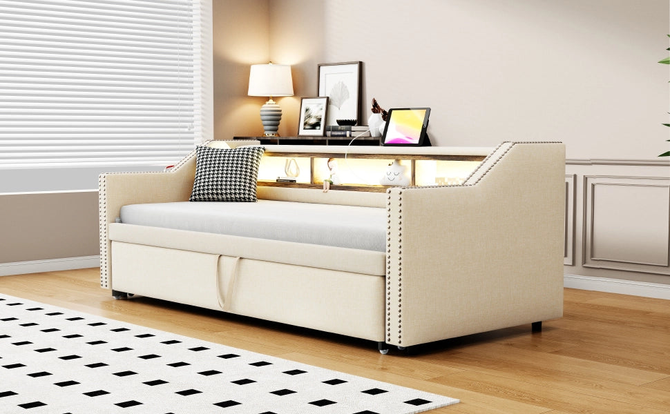 Letto divano estraibile 90 × 190 cm et 180 × 190 cm con 3 ripiani, LED, USB, con 2 materassi, beige