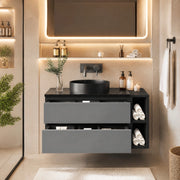 Mobile lavabo sospeso con lavabo in ceramica; piano in marmo; nero e grigio