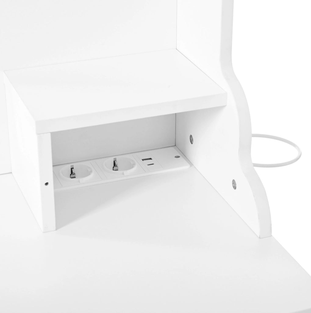 Toeletta con specchio illuminato; 6 cassetti; 4 ante e prese integrate; 105×152×40 cm; bianca