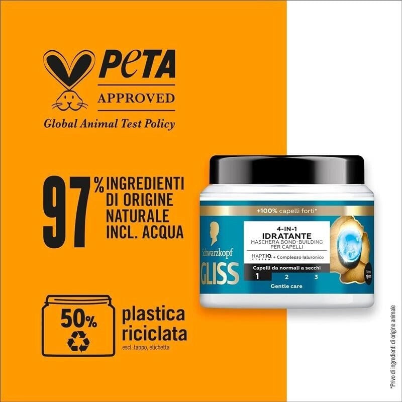 SCHWARZKOPF GLISS 4-IN-1 MASCHERAPER CAPELLI 400 ML AQUA REVIVE + COMPLESSO IALURONICO EFFETTO DA NORMALI A SECCHI
