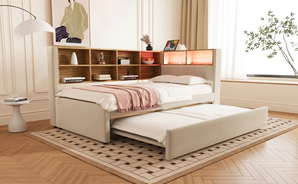 DESMIU Divano letto 90 × 200 cm 2 posti con LED, USB, Type-C e prese, vano contenitore, senza materasso, beige