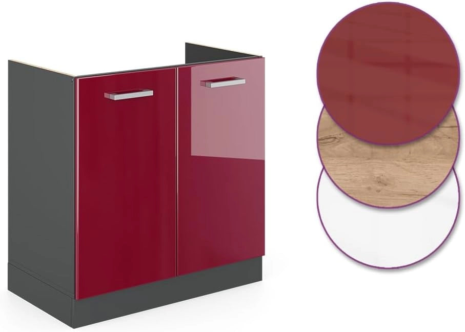 Mobile lavello cucina R-Line, Rosso lucido, 80 cm senza piano di lavoro, per la libera combinazione all'interno di sistemi cucina modulari
