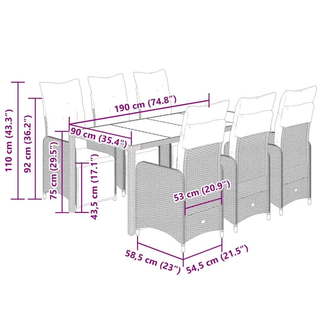 Set da BistrÃ² da Giardino 7 pz con Cuscini Nero in Polyrattan