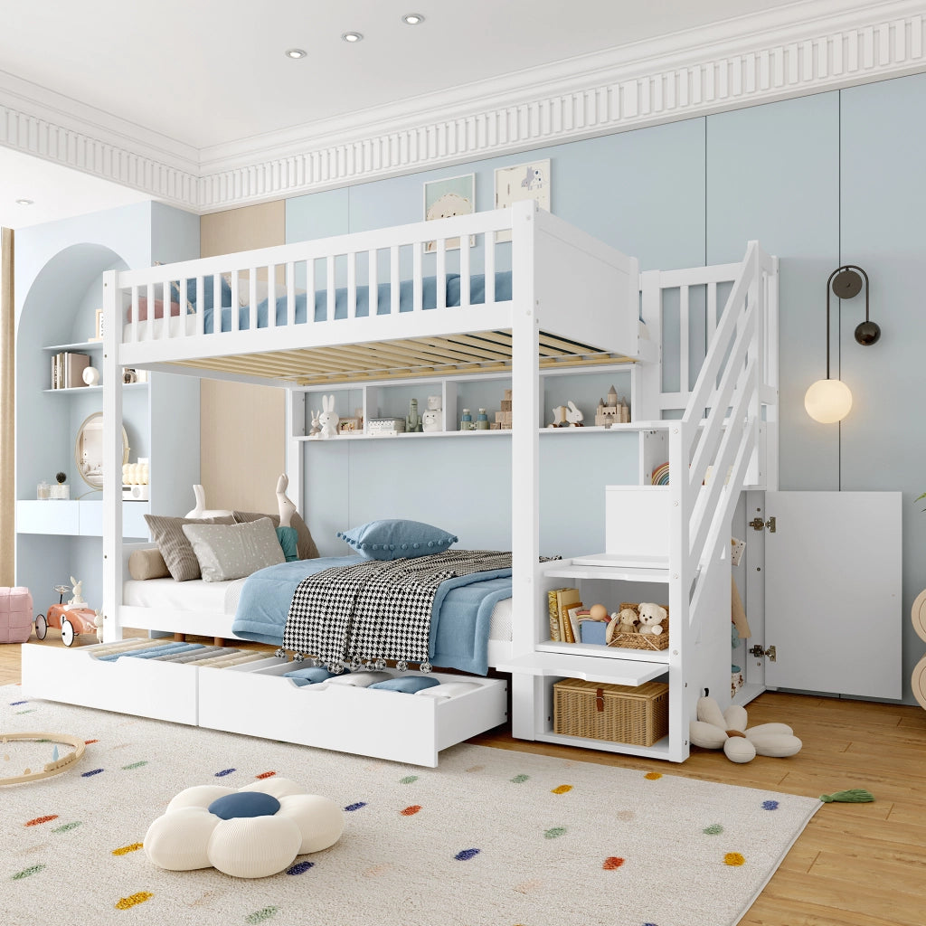 Letto a castello con scalinata contenitiva in pino bianco 90x200 cm