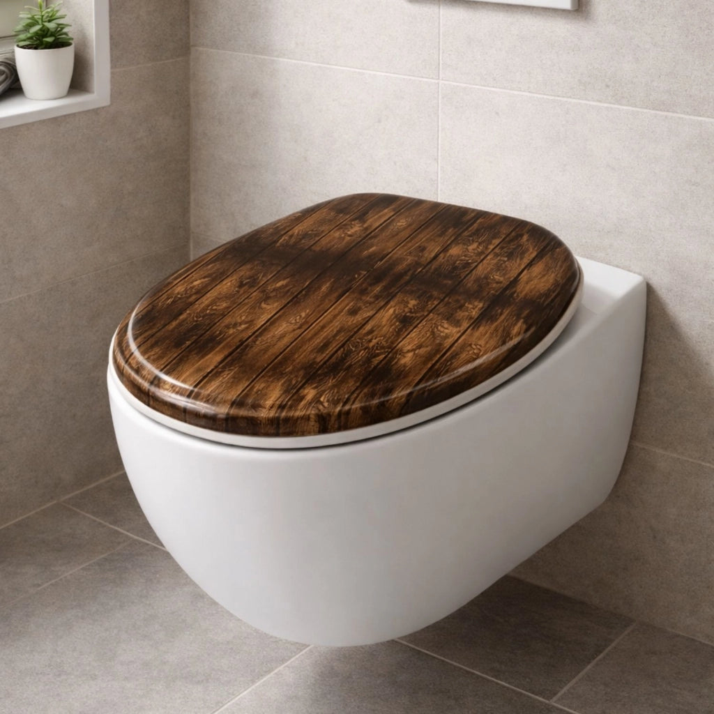 Sedile wc copri vater universale frizionato fantasia in mdf chiusura rallentata *** fantasia brown wood, confezione 1