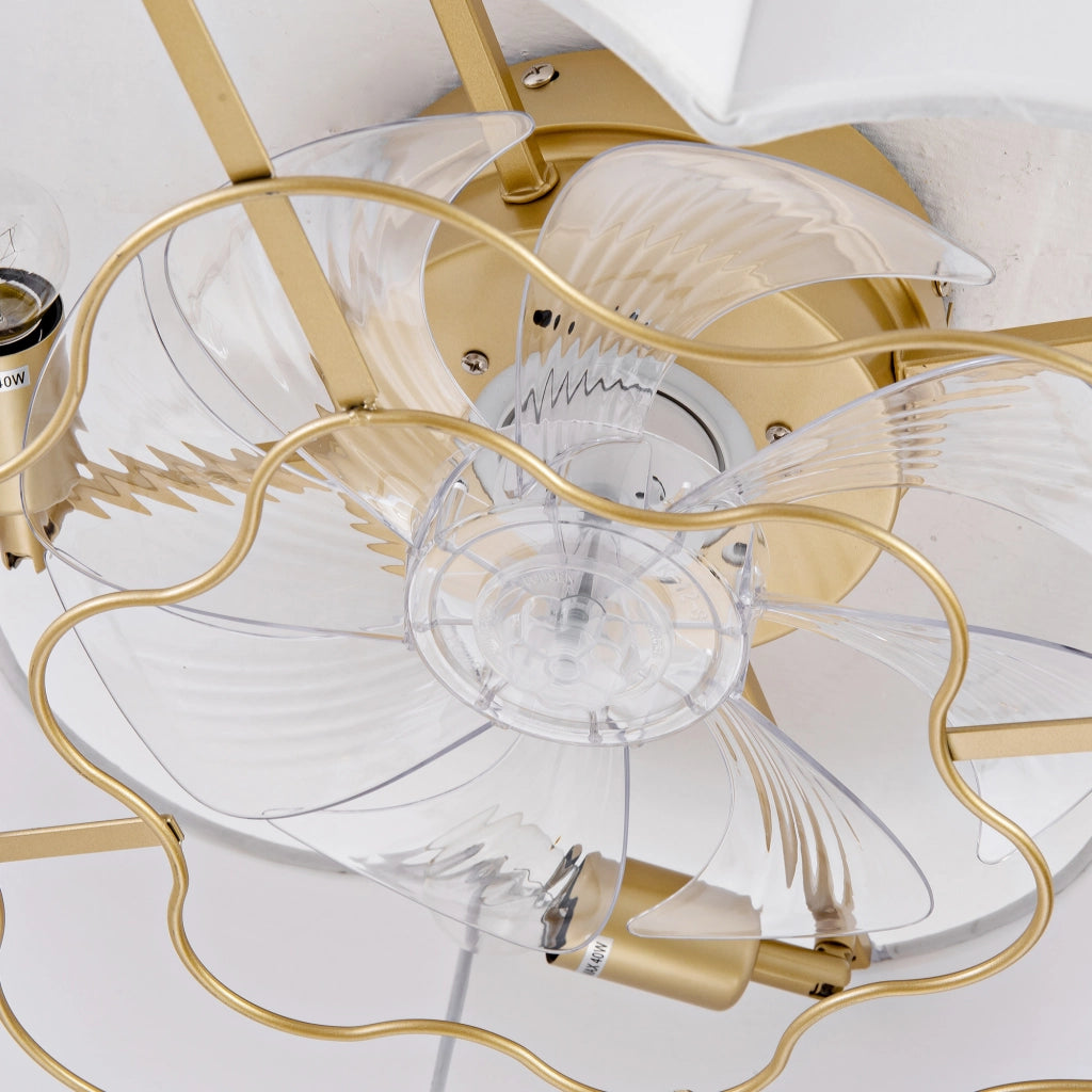 Ventilatore da soffitto con luce; controllo Bluetooth e telecomando; tessuto e plastica oro e bianco