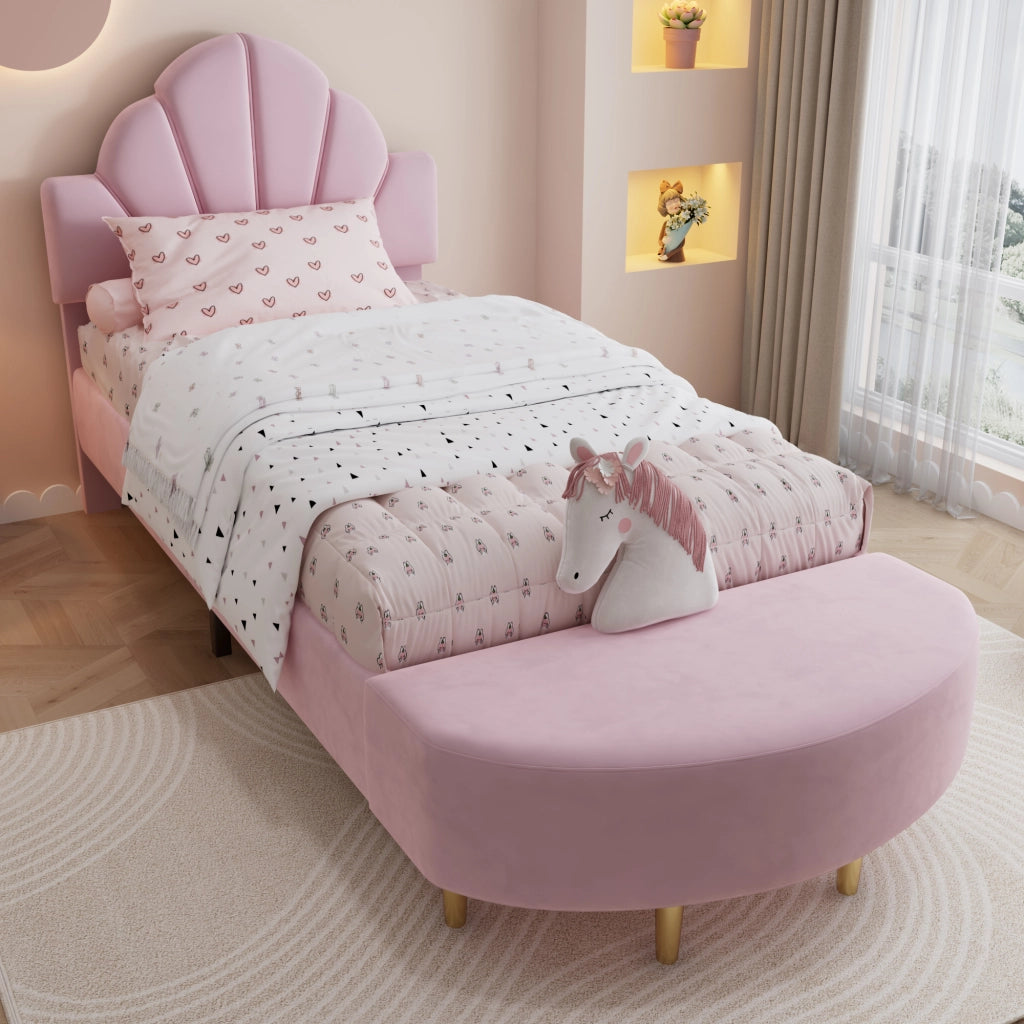 Letto Singolo 90 x 200 cm - Testiera in Velluto; Panca Coordinata e Bordi Morbidi
