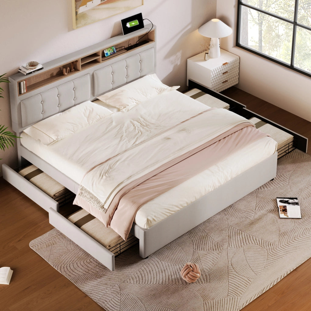 Letto matrimoniale 140x200 cm con 4 cassetti; USB C; testiera regolabile; lino beige