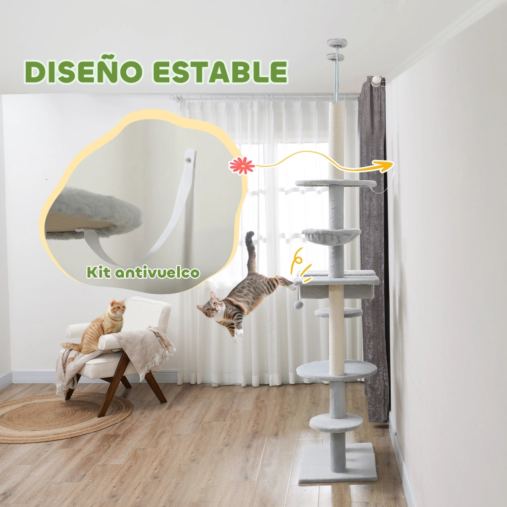 Tiragraffi per Gatti da Pavimento a Soffitto ¨C Xylo ¨C 225-255 cm Grigio con Amache Piattaforme