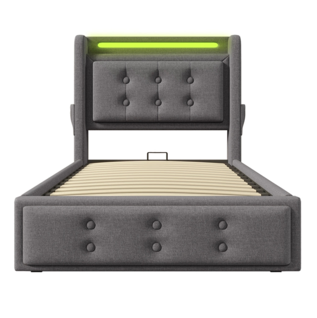 Letto singolo 90x200 cm imbottito in cotone e lino con LED; USB e contenitore; grigio