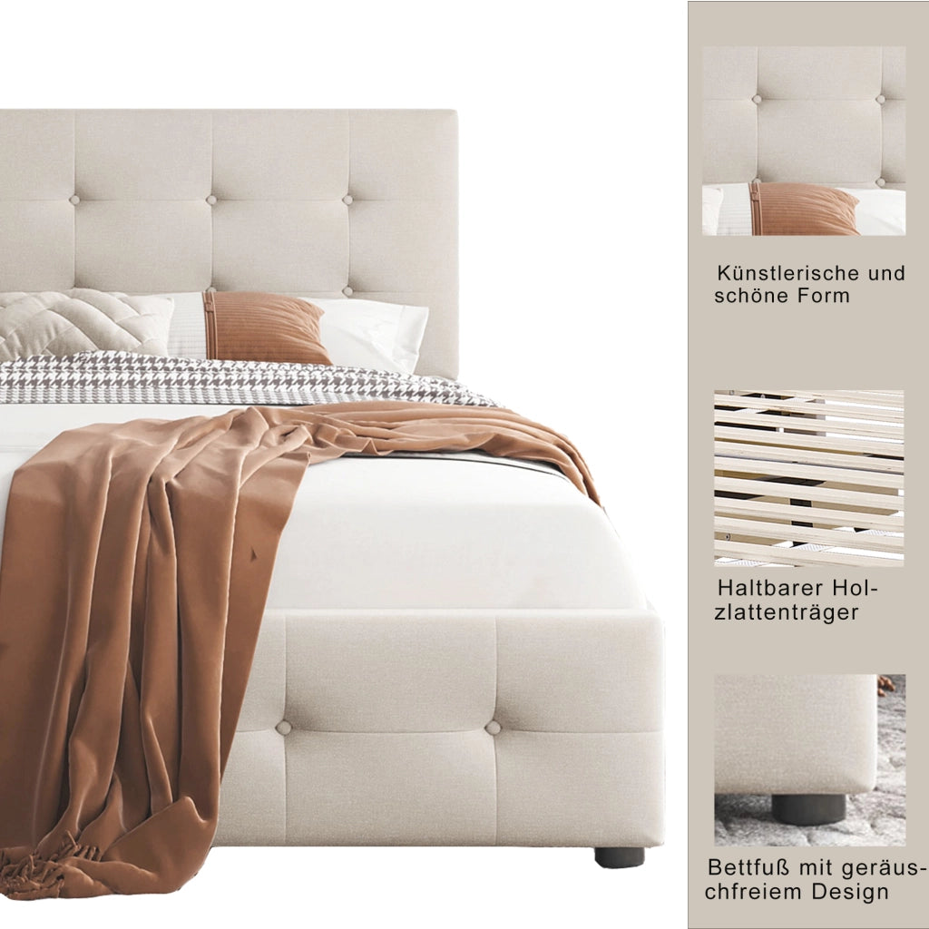 Letto con Cassetti 140x200 cm; Letto Matrimoniale; 4 Cassetti in Velluto Beige
