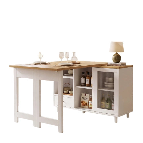 Tavolo da pranzo pieghevole allungabile 120x40x75;5 cm con contenitore; piano girevole 360°; MDF/metallo/vetro; bianco