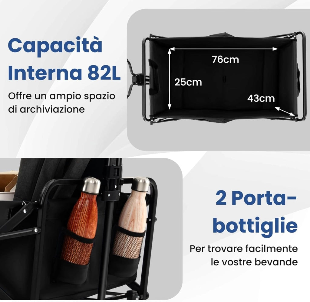 Carrello da Spiaggia Pieghevole, Carrello con Ruote Portatutto con Maniglia Regolabile, 2 Tasche a Rete e Portabicchieri, Carretto Giardino Portatile per Campeggio, Shopping e Mare (Nero)