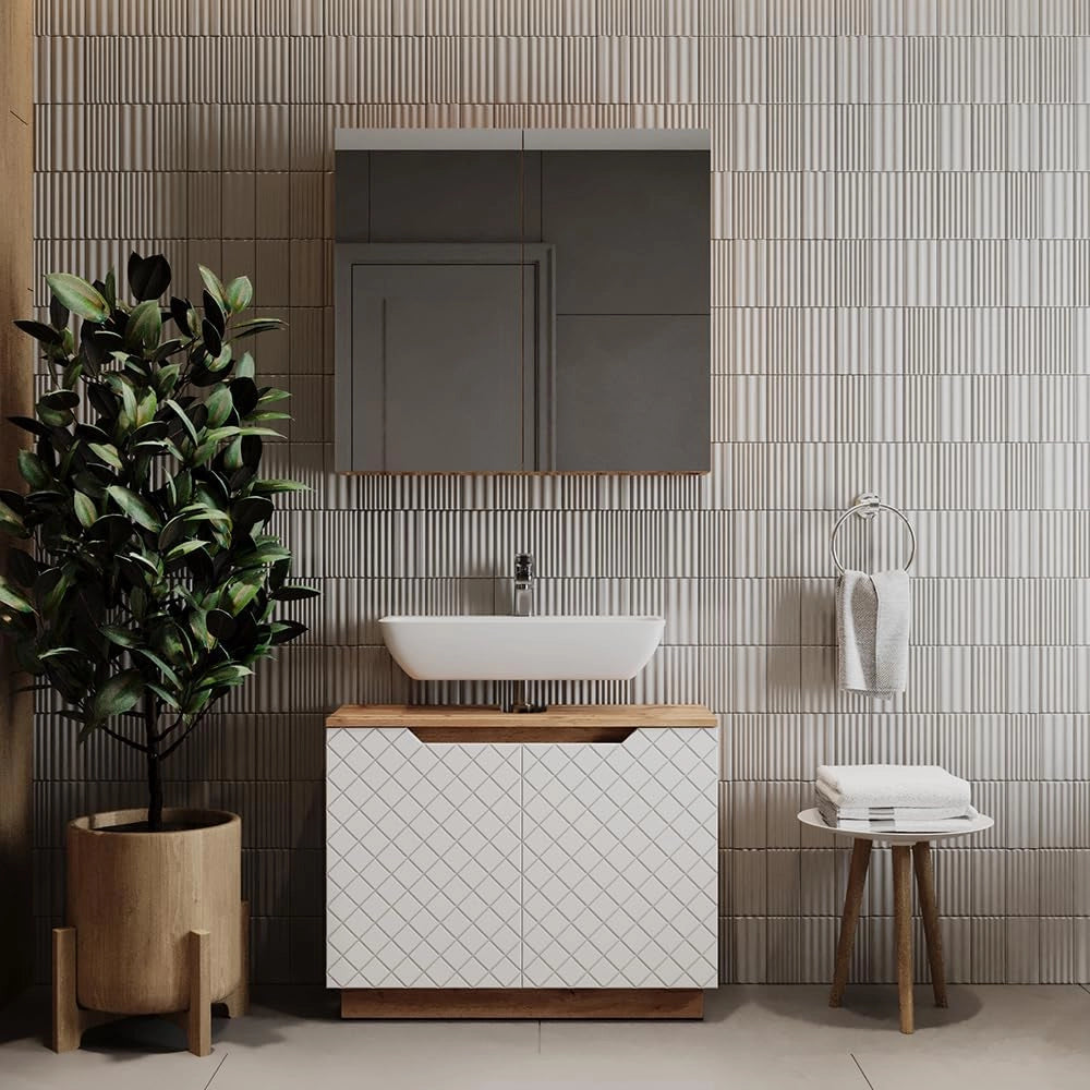 Set di mobili da bagno Lotta, Rovere/bianco con struttura in piastrelle, 2 parti