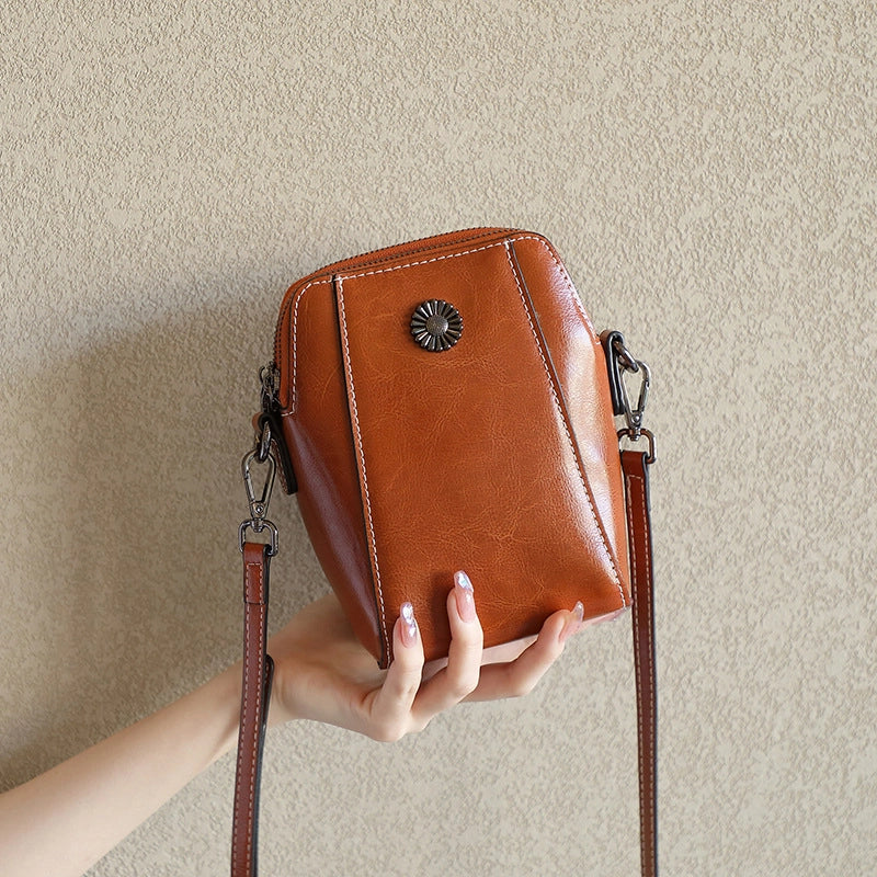Borsa a tracolla da donna in vera pelle, mini borsa marrone