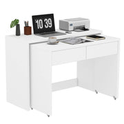 Scrivania 2 in 1 con 2 cassetti e ruote; per studio; in truciolare; 110×40×78 cm; bianca