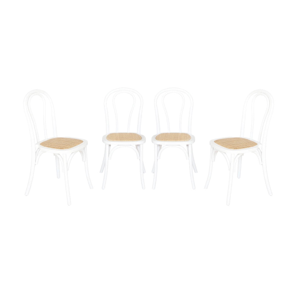 Set di 4 sedie vintage in legno e rattan, bianco
