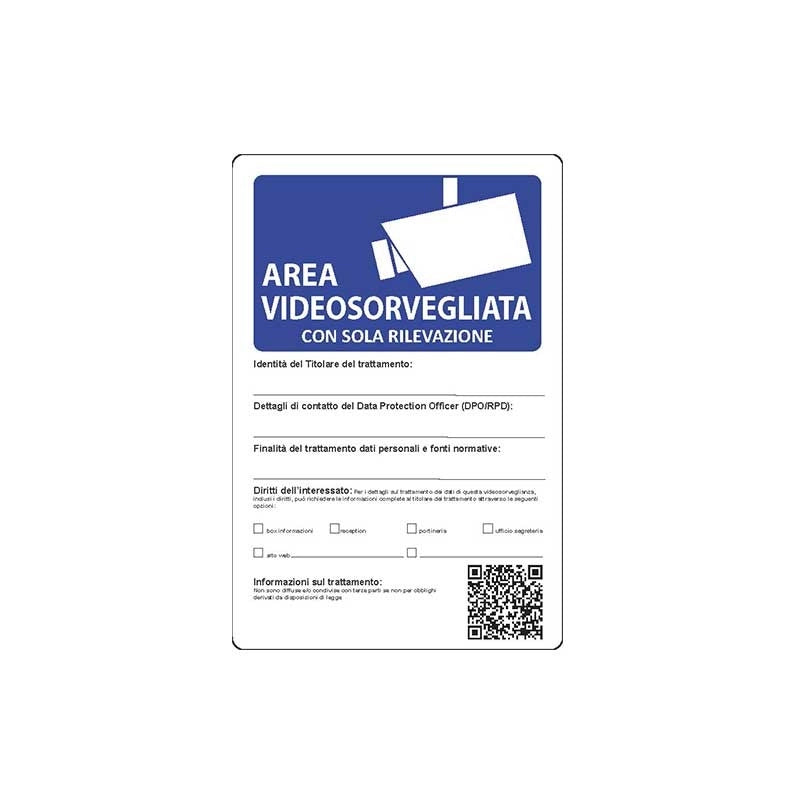 Cartello area videosorvegliata con sola rilevazione cm 20X30