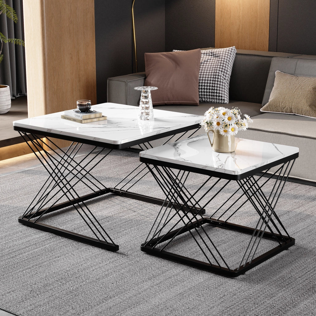 TAVOLINO DA SALOTTO Set da 2 pezzi 60x60x45 cm e 45x45x40 cm MDF Bianco/Nero