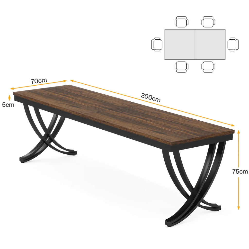Scrivania lineare per 2 persone con ampio piano, struttura in metallo e legno, stile industriale, per ufficio, 200 × 70 cm