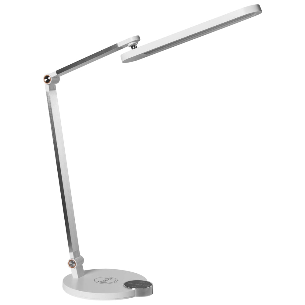 Lampada da scrivania moderna per ufficio domestico 3 modalità di temperatura Dimmer continuo Caricatore wireless Paralume regolabile Materiale sintetico Bianco