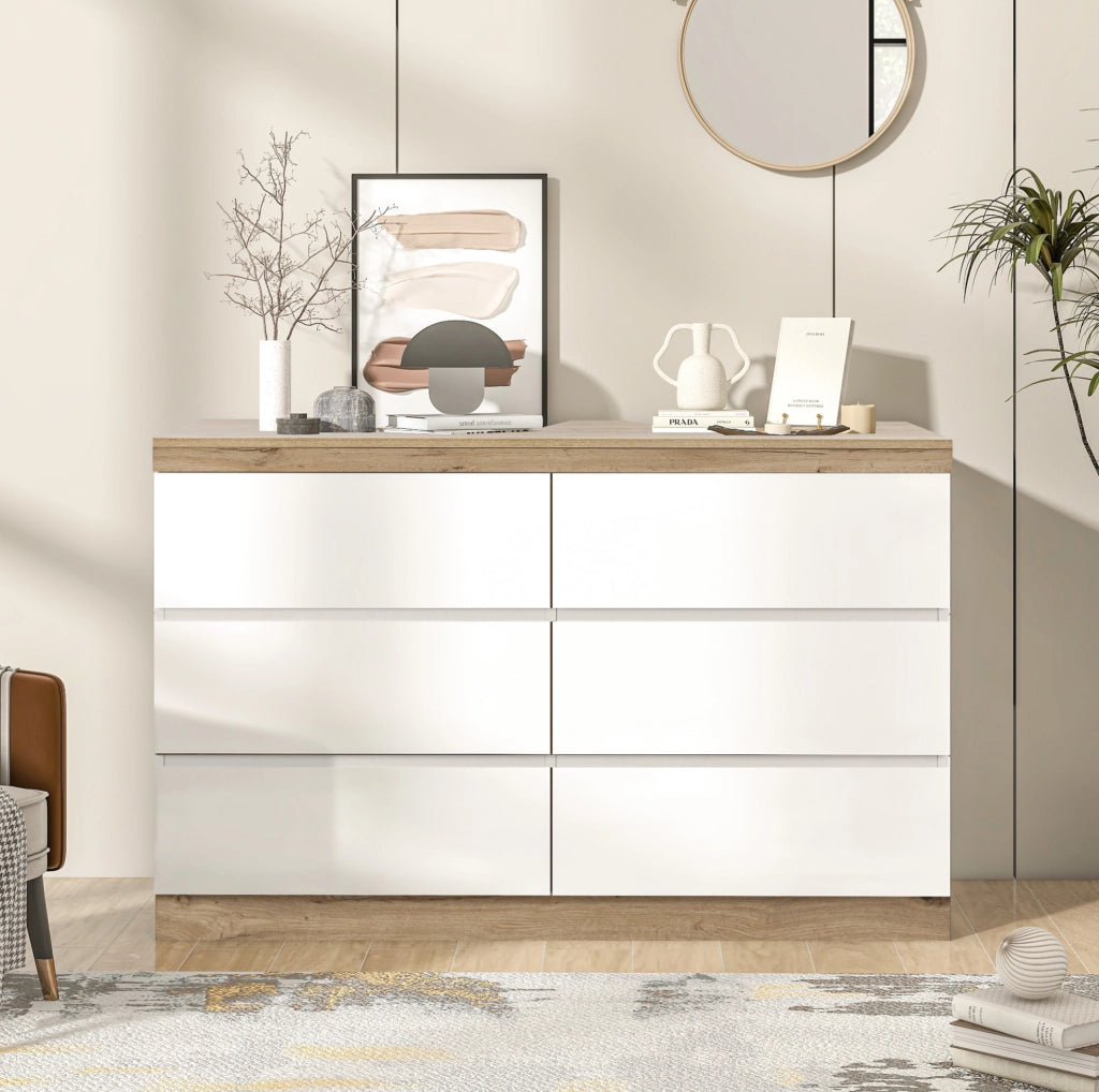 Cassettiera classica bianca e effetto rovere con 6 cassetti