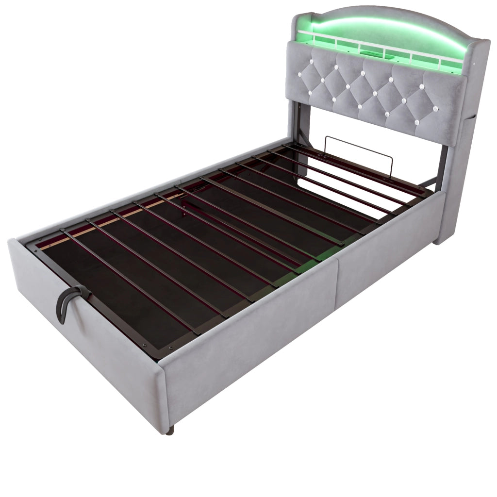 Letto imbottito per bambini ULEVR 90x200 cm con contenitore a gas, LED, USB e Type-C, velluto grigio
