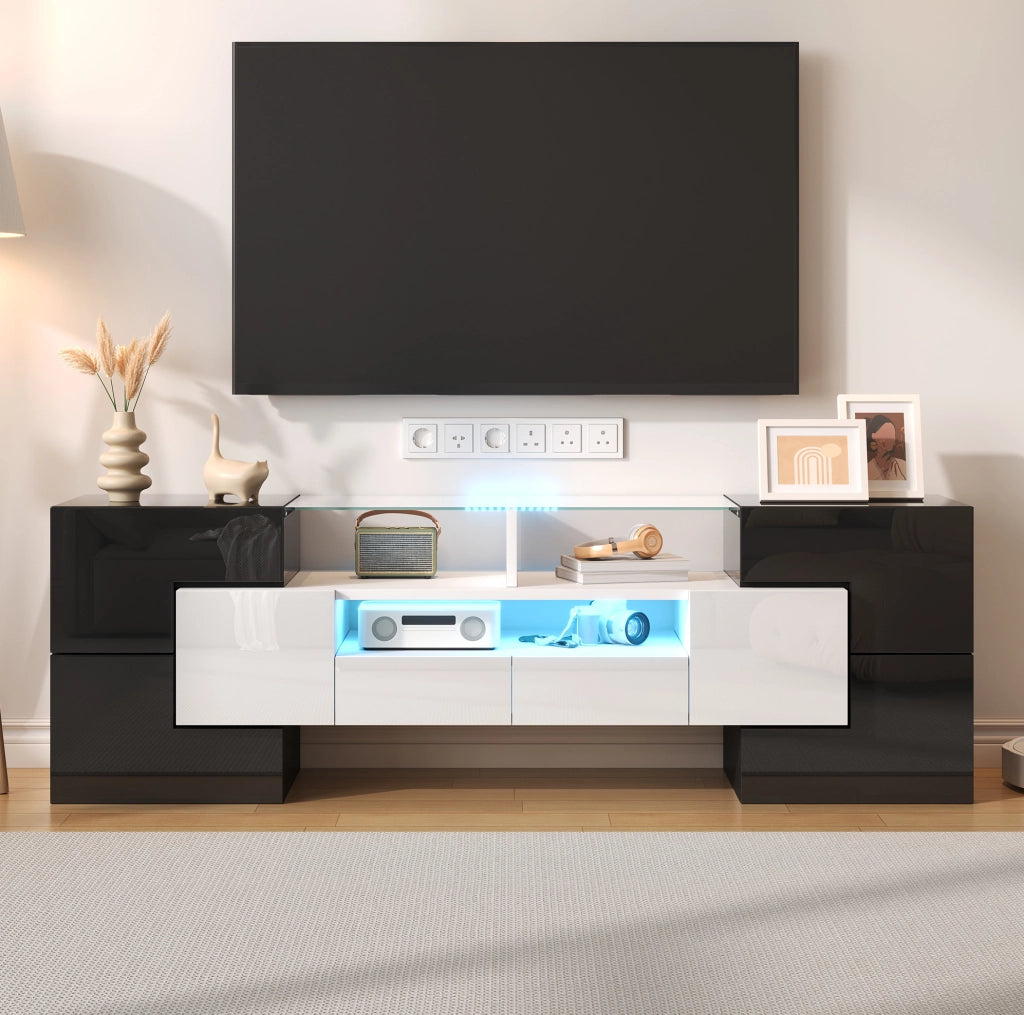 Mobile TV moderno con LED multicolore; 145 cm; bianco lucido e nero