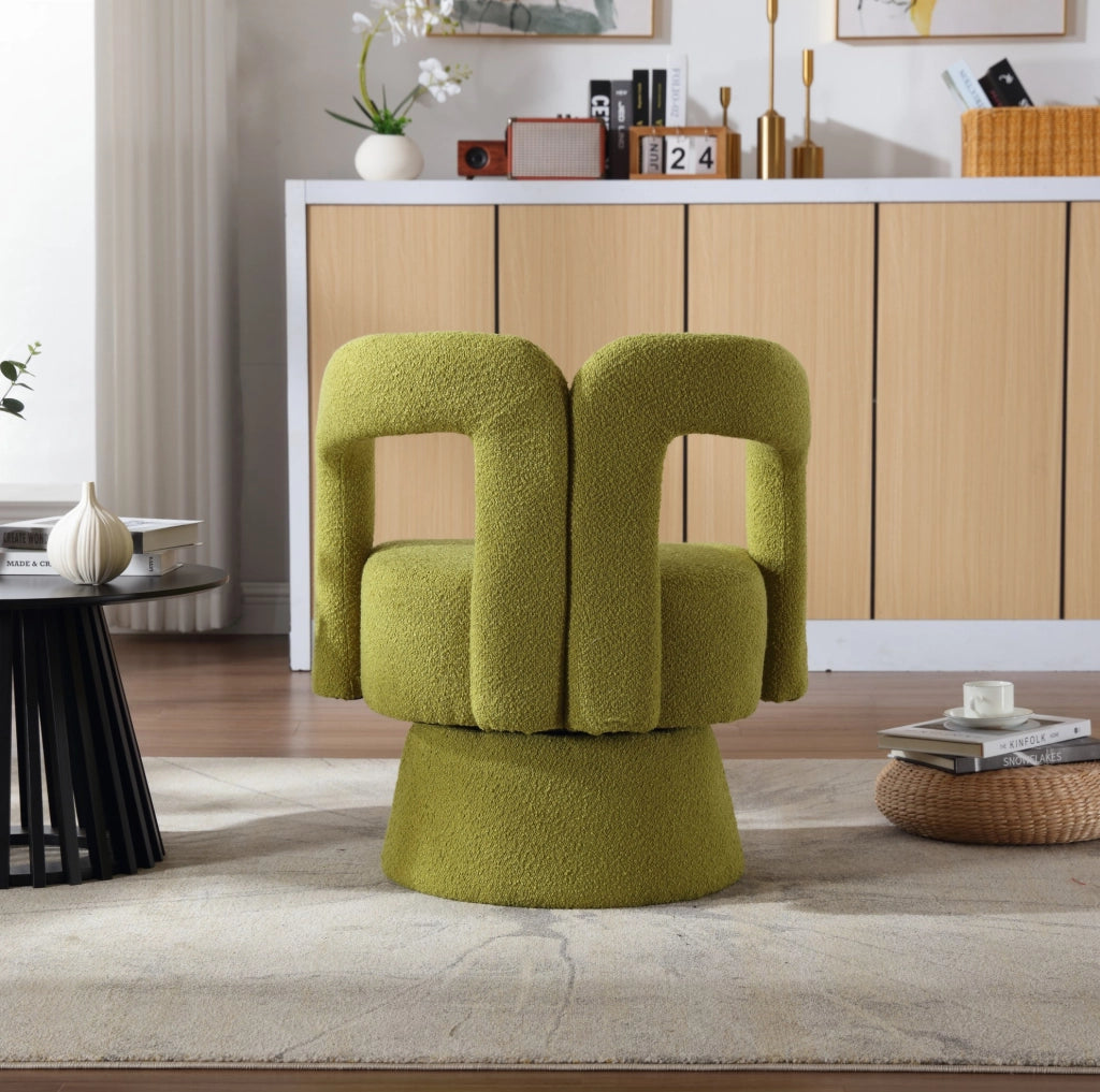 Poltrona girevole a 360° in bouclé verde oliva; 67 × 55 × 74 cm
