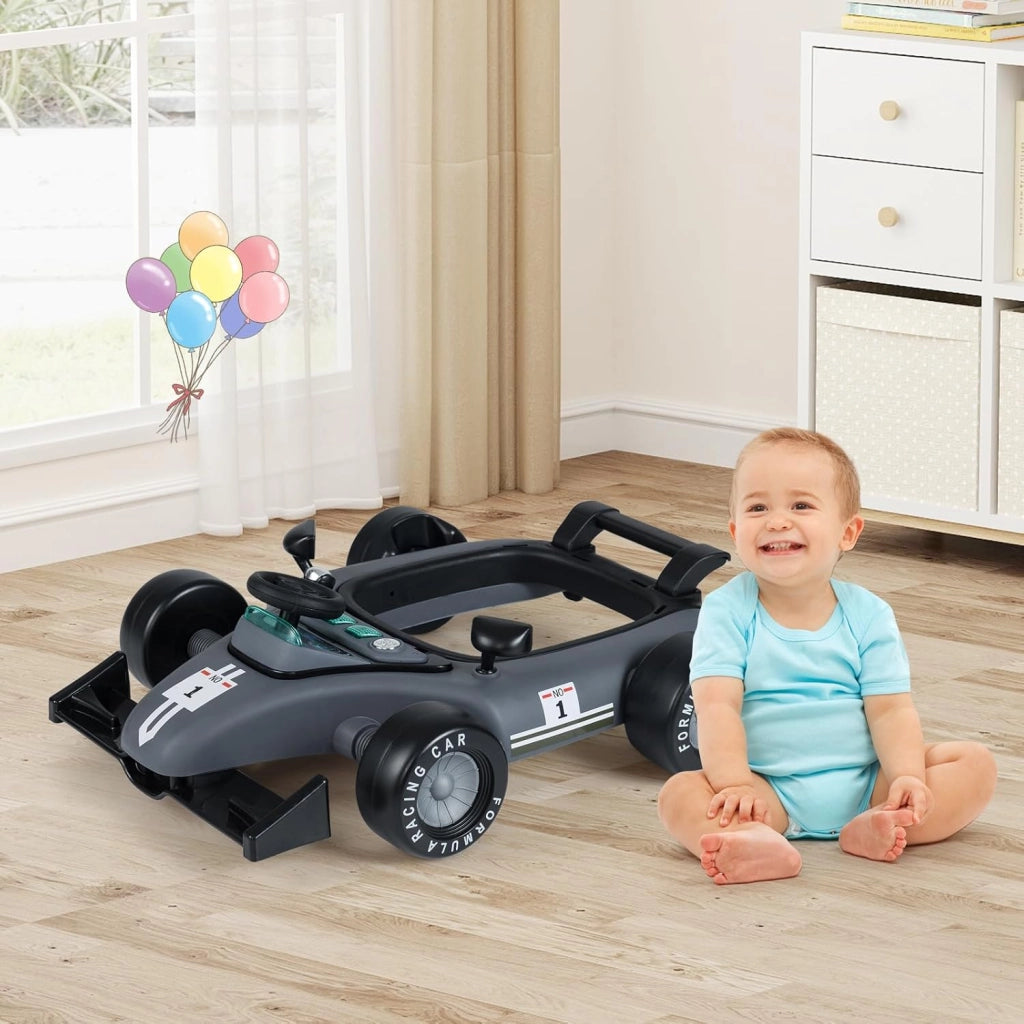 Girello per Bambini 6-18 Mesi, Baby Walker 4 in 1 con Musica e Luci, Primi Passi Piegevole e Portatile, Altezza e Velocità Regolabili, Carrello da Spinta, Forma di Macchinina (Grigio)