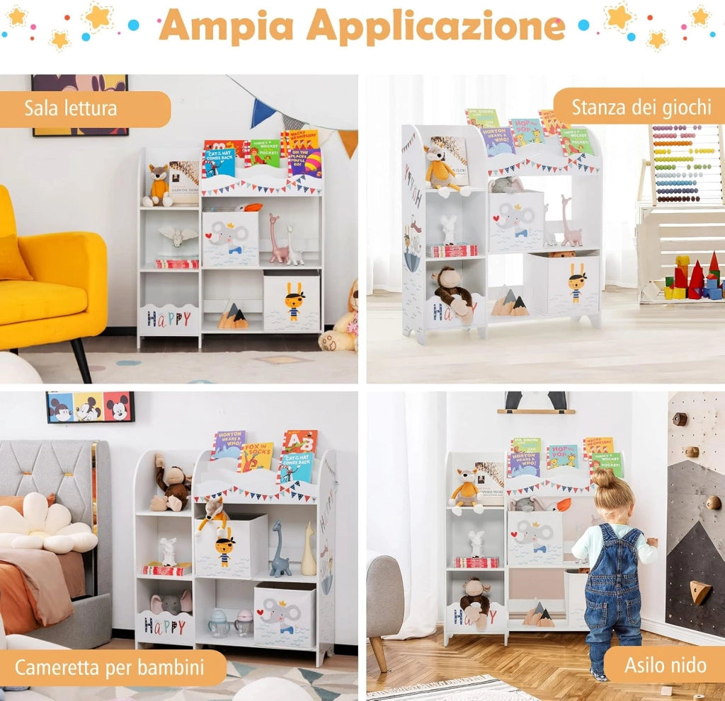 Armadio per Bambini, Scaffale di Legno con 3 Livelli e 5 Scompartimenti, 2 Cassetti in Tessuto e 3 Spazi per Giocattoli e Libri, Scaffale Verticale per Bambini, Bianco (Pirata Animale)