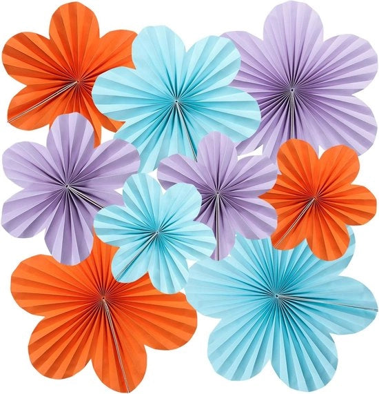 Fiori di carta per appendere - Set di ventagli di carta per compleanni, matrimoni, bambini e battesimi - Arancione, blu, viola (9 pezzi)