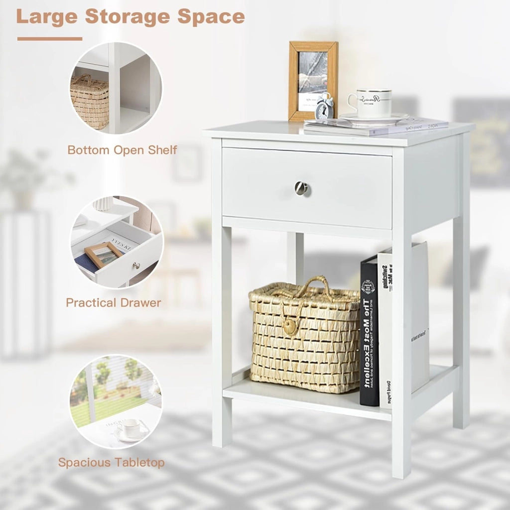 Comodino con cassetto, tavolino in legno, stile moderno, comodino a 2 livelli, con ripiano aperto, per camera da letto, soggiorno, 48 x 40 x 58 cm (bianco x 2)