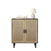 Mobile contenitore a 2 ante in rattan con 2 vani aperti e maniglie in legno; per salotto e ingresso; nero; 80 × 40 × 88 cm
