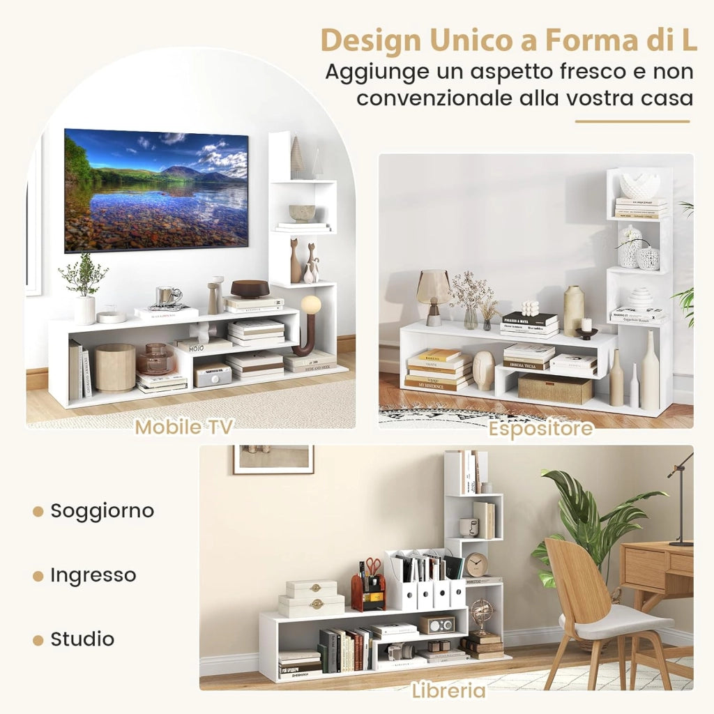 Mobile per TV a Cubi per TV Fino a 50”, Tavolo Console Media con Mensole di Stoccaggio a Forma di L e Scomparti Aperti, Centro di Intrattenimento per Soggiorno, Ingresso (Bianco)