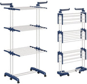 Droogrek 3-laag, pieghevole con 2 ali rotanti, altezza 178 cm, piedi pieghevoli, asciugamani 3 livelli con ruote per appartamento, balcone e giardino (blu/bianco)