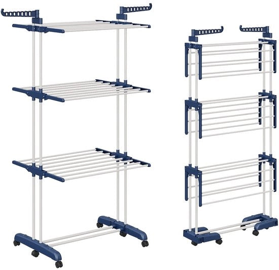 Droogrek 3-laag, pieghevole con 2 ali rotanti, altezza 178 cm, piedi pieghevoli, asciugamani 3 livelli con ruote per appartamento, balcone e giardino (blu/bianco)